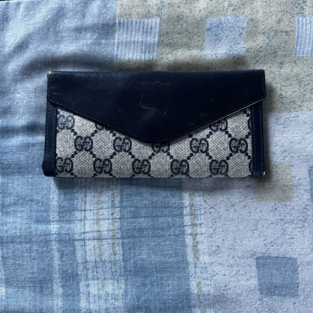 Gucci Vintage GG Canvas Dark blue Leather Bifold Wallet Vintage Italy "7 x 3.5" - Picture 2 of 16